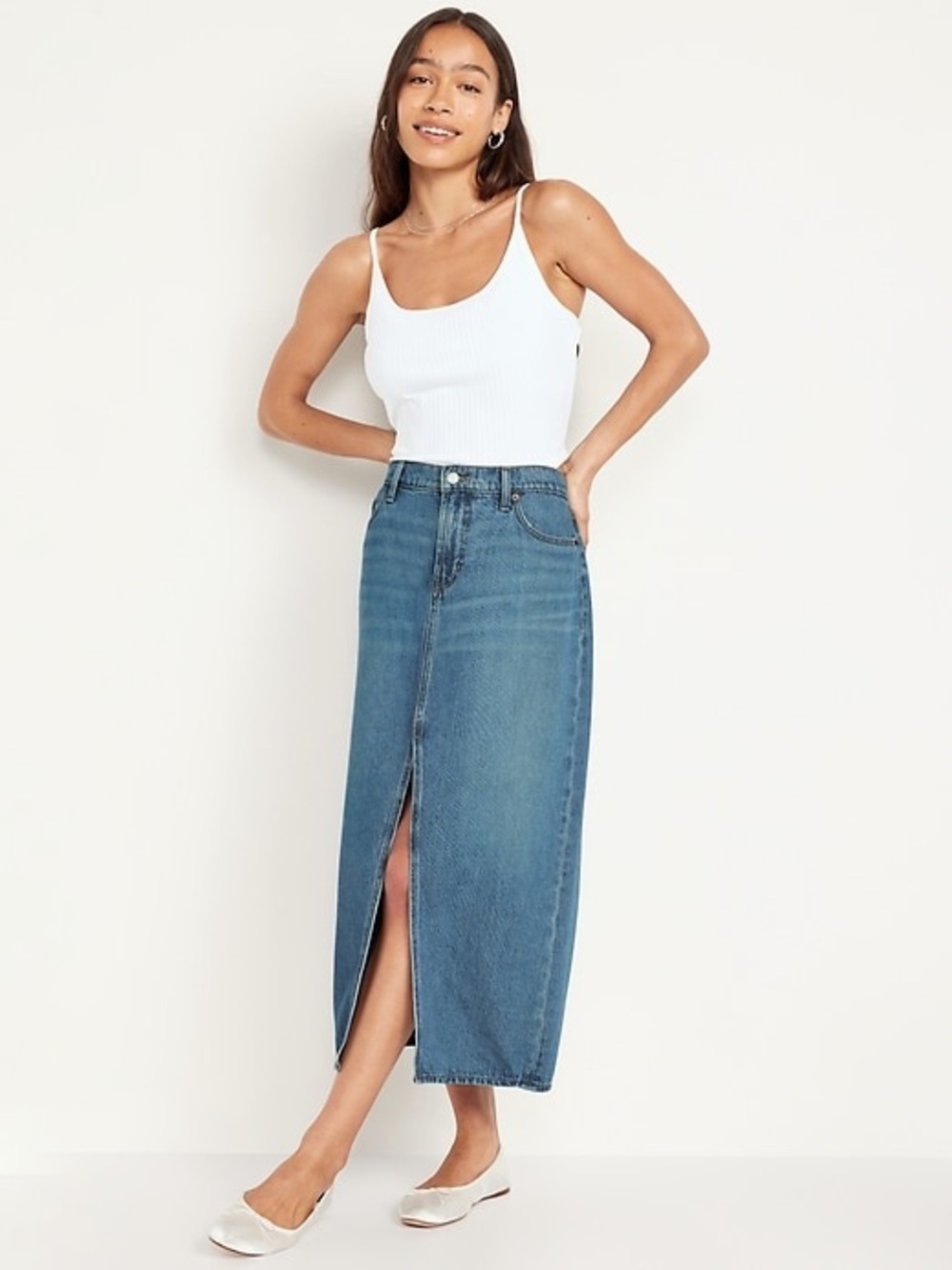 Old Navy High-Waisted Denim Maxi Skirt Front Slit Light Wash Size 12